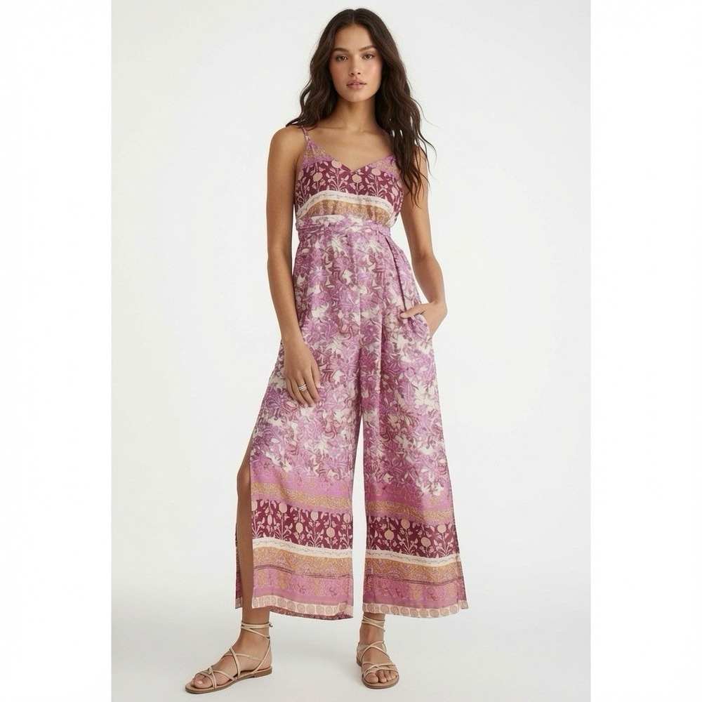 Free People Leona Lush Pink Boho Wide Leg Jumpsuit XS Tie Straps Boho